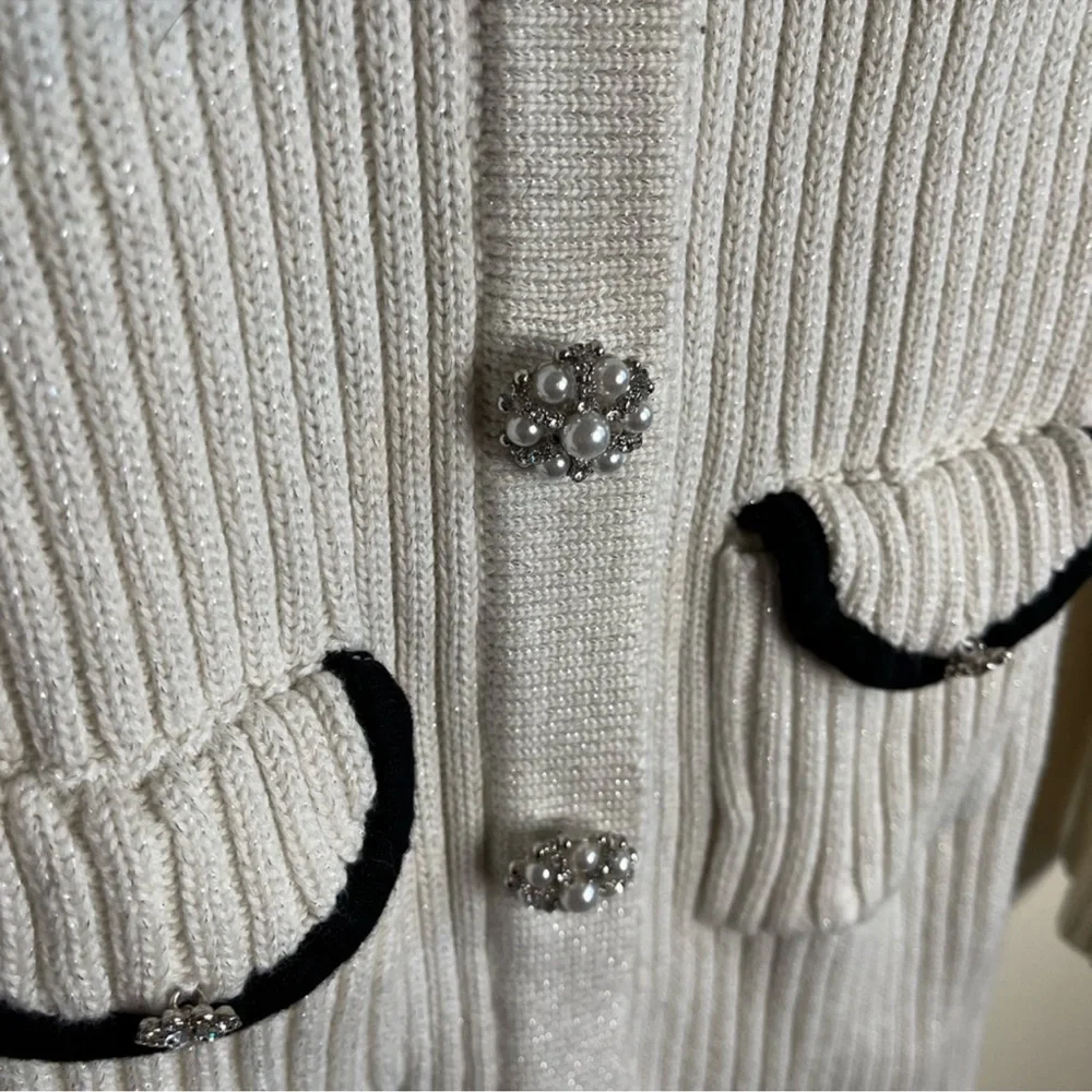 Self Portrait Lurex White Knit Dress with Black Accents crystal buttons - Picture 4 of 10
